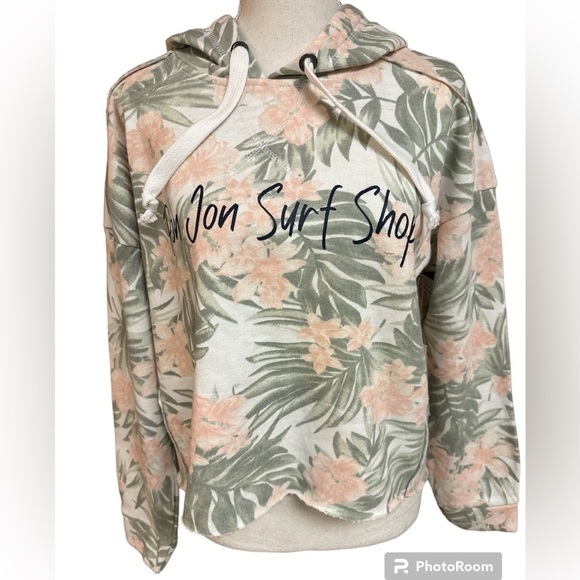 Ron Jon Tops - Ron Jon Surf Shop Cropped Tropical Leaf Hoodie Boxy Fit Cotton Blend NWT Small